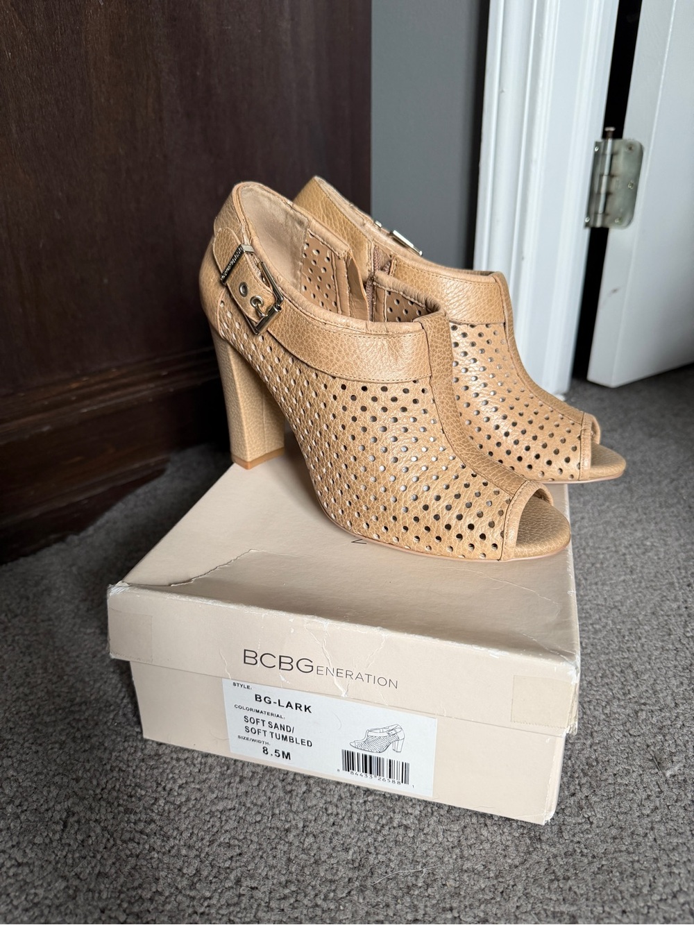 BCBGeneration Soft Sand Perforated Peep-Toe Block Heels